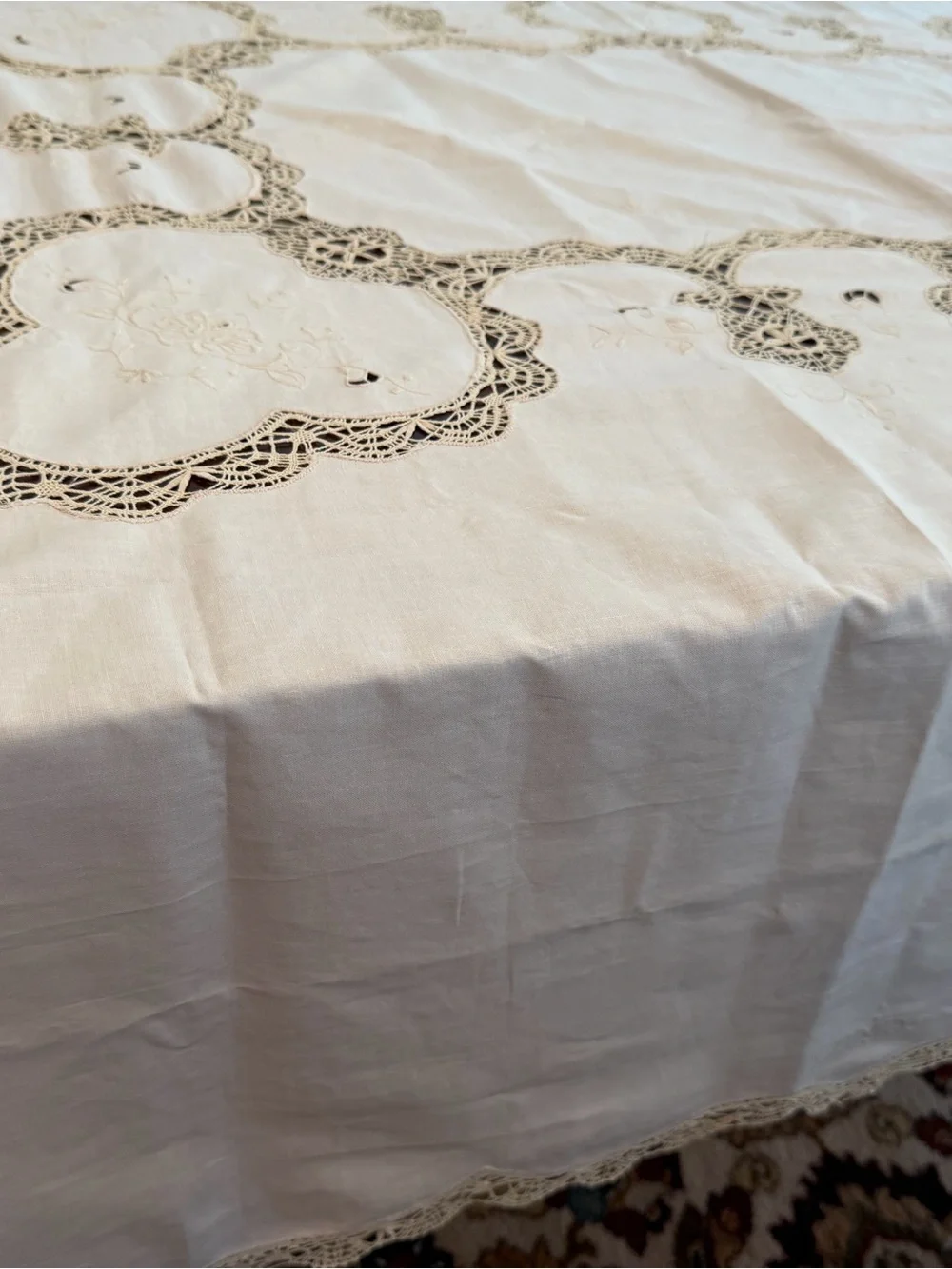 Vintage cotton linen cutwork battenburg lace formal tablecloth 84”x66” Victorian